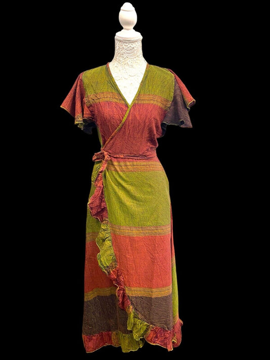 Festival Stall LTD Boho festival Clothing RUST GREEN WRAP Dress Boho hippy Festival Cotton Summer Sun Beach UK 8 - 14