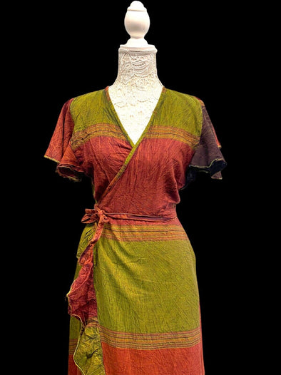 RUST GREEN WRAP Dress Boho hippy Festival Cotton Summer Sun Beach UK 8-14