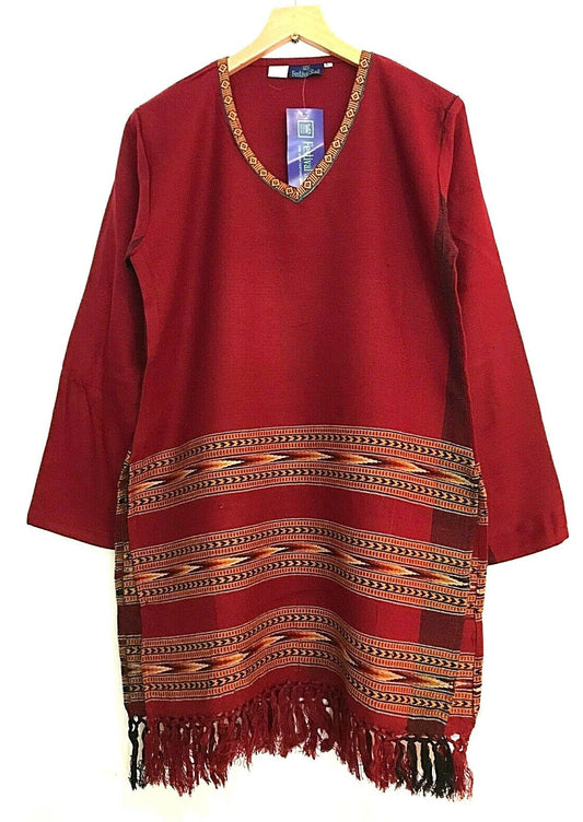 RED Tunic top Boho Hippie Festival Winter Warm tassel long sleeve BURGUNDY S M L