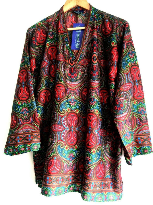 Festival Stall LTD Boho festival Clothing v - neck Tunic blouse Festival boho hippie retro ethnic print vintage Red green