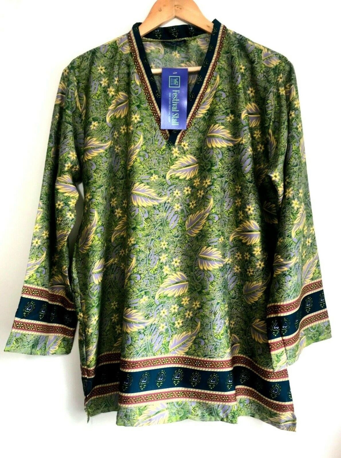 TUNIC V-neck long sleeve festival, boho, hippie, retro, ethnic print, green