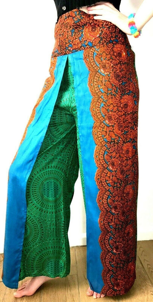 Festival Stall LTD Boho festival Clothing Trousers yoga pants, harem, palazzo, Festival boho hippie, copper & green, dance