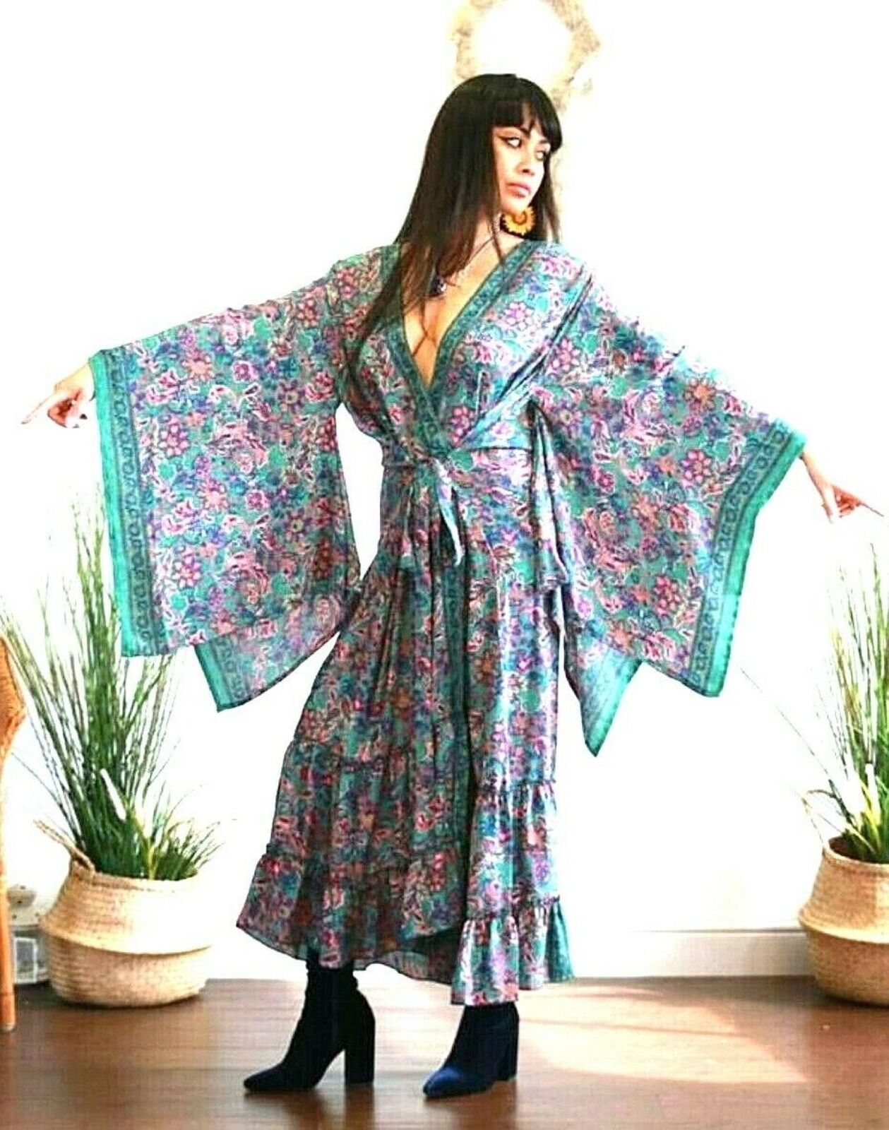 Festival Stall LTD Boho festival Clothing KIMONO DRESS Boho hippy festival SILK Pink Green party wedding duster coat gown