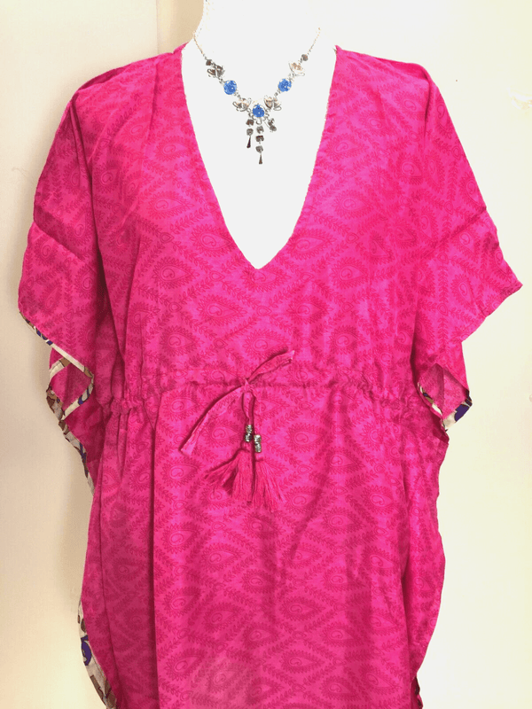 Festival Stall LTD Boho festival Clothing Kaftan Tunic Top blouse PINK Boho hippy festival Sari Silk Cover up UK 8 - 18