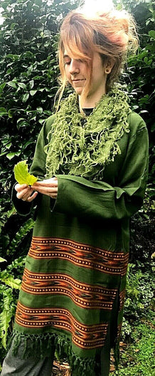 Festival Stall LTD Boho festival Clothing Tunic top Boho Hippie Festival Winter Warm tassel long sleeve GREEN long M L