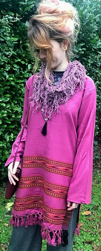 Tunic Top Boho Hippie Festival Winter Warm tassel long sleeve PINK long M L