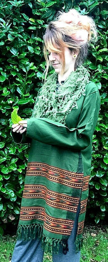 Festival Stall LTD Boho festival Clothing Tunic top Boho Hippie Festival Winter Warm tassel long sleeve GREEN long M L