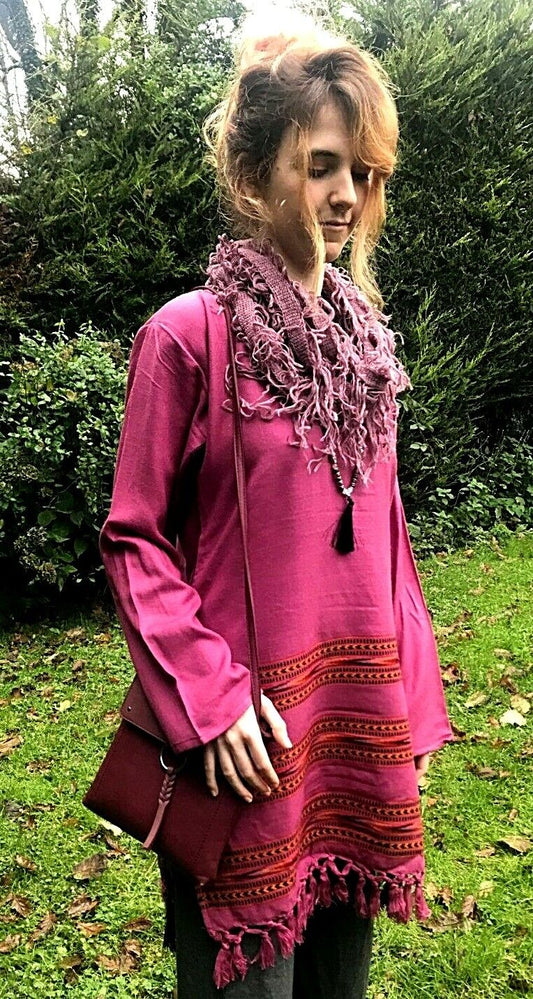 Festival Stall LTD Boho festival Clothing Tunic Top Boho Hippie Festival Winter Warm tassel long sleeve PINK long M L