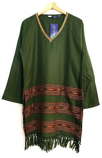 Festival Stall LTD Boho festival Clothing Tunic top Boho Hippie Festival Winter Warm tassel long sleeve GREEN long M L