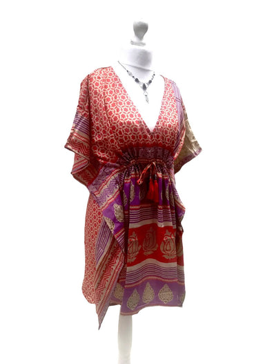 Festival Stall LTD Boho festival Clothing DRESS Boho hippy VINTAGE Sari Silk RED Beach Tunic Kaftan Top Cover up UK 8 - 18