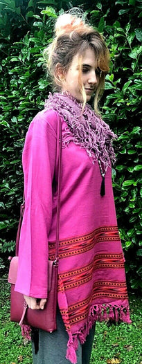 Tunic Top Boho Hippie Festival Winter Warm tassel long sleeve PINK long M L