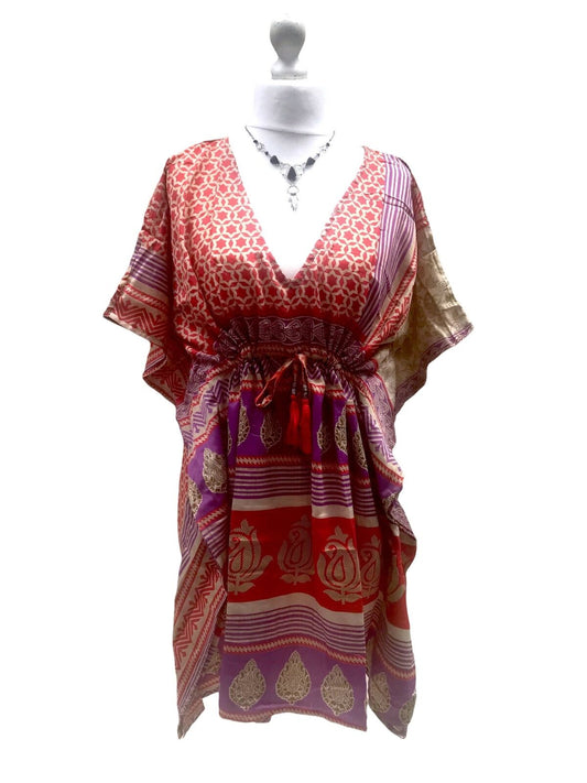 Festival Stall LTD Boho festival Clothing DRESS Boho hippy VINTAGE Sari Silk RED Beach Tunic Kaftan Top Cover up UK 8 - 18