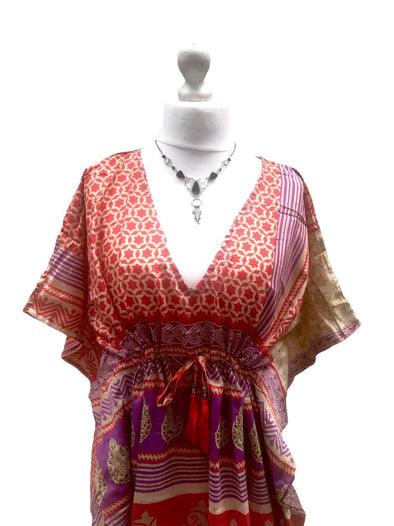 Festival Stall LTD Boho festival Clothing DRESS Boho hippy VINTAGE Sari Silk RED Beach Tunic Kaftan Top Cover up UK 8 - 18