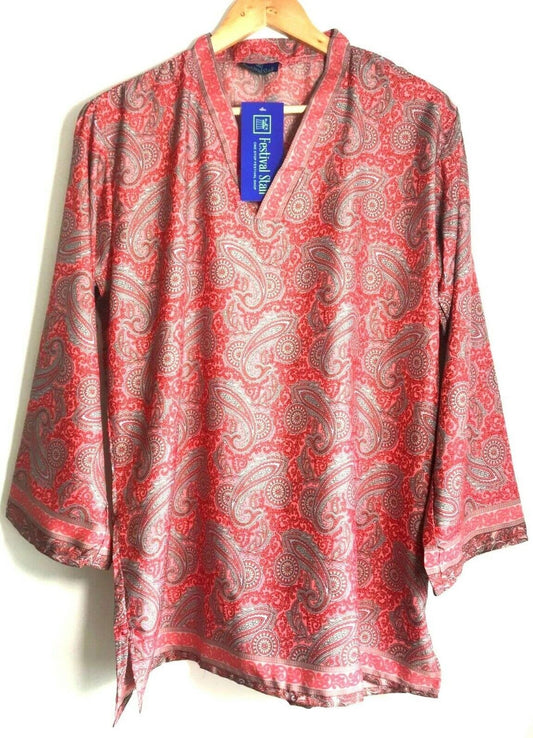 Festival Stall LTD Boho festival Clothing V - neck TUNIC long sleeve Festival boho hippie retro ethnic print pink beige