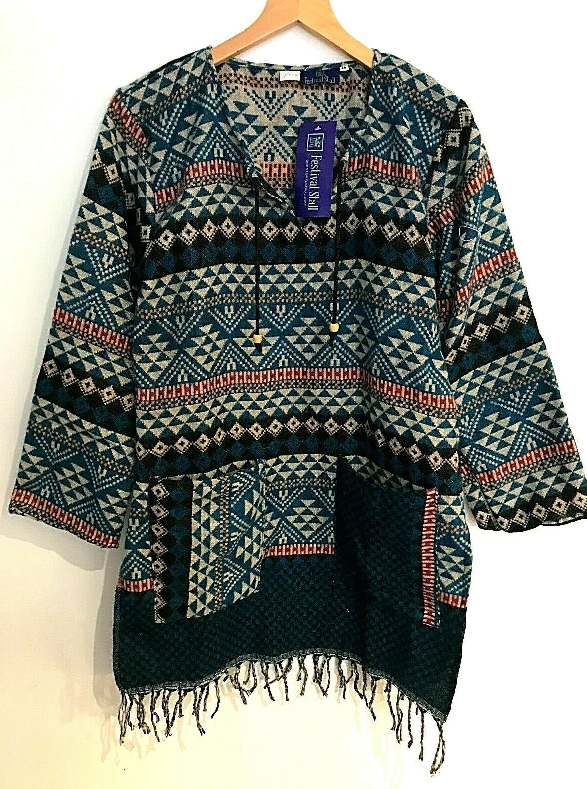 Festival Stall LTD Boho festival Clothing TUNIC Boho hippie JUMPER PULLOVER SWEATER BLUE winter warm tassel top UK 8 - 14