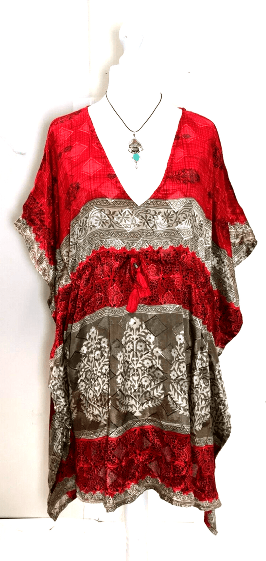 Festival Stall LTD Boho festival Clothing RED Tunic Dress Kaftan Top short Boho hippy festival vintage Sari Silk UK 8 - 18