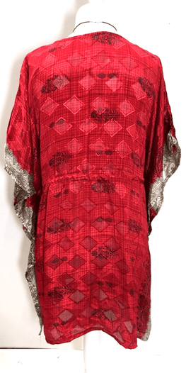 Festival Stall LTD Boho festival Clothing RED Tunic Dress Kaftan Top short Boho hippy festival vintage Sari Silk UK 8 - 18