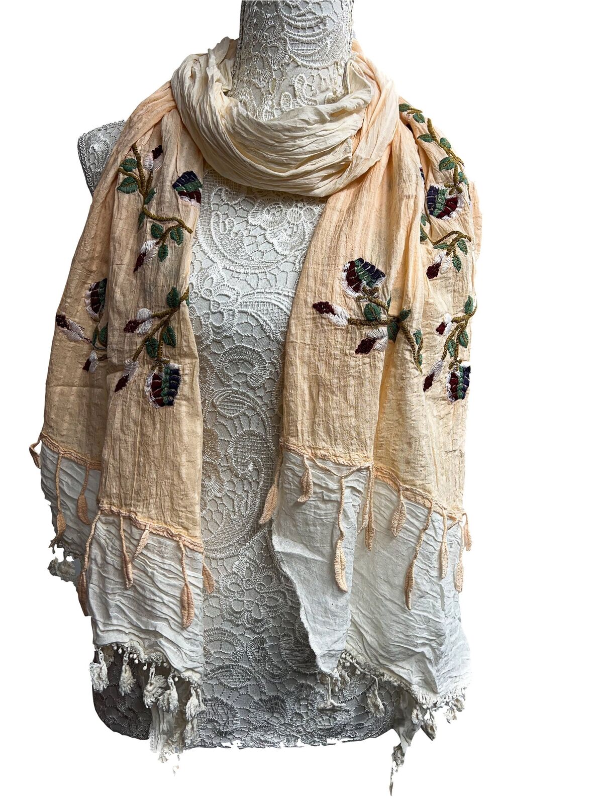 Festival Stall LTD Boho festival Clothing SCARF wrap tassel lettuce Embroidered boho hippie peach coral cream & ivory lace