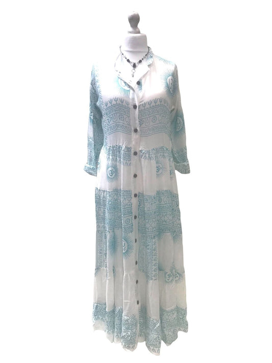 Festival Stall LTD Boho festival Clothing LONG Maxi Dress Boho hippy festival style, Om print, Yoga, Blue & White UK 8 - 14