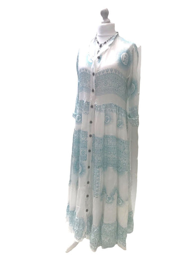 Festival Stall LTD Boho festival Clothing LONG Maxi Dress Boho hippy festival style, Om print, Yoga, Blue & White UK 8 - 14