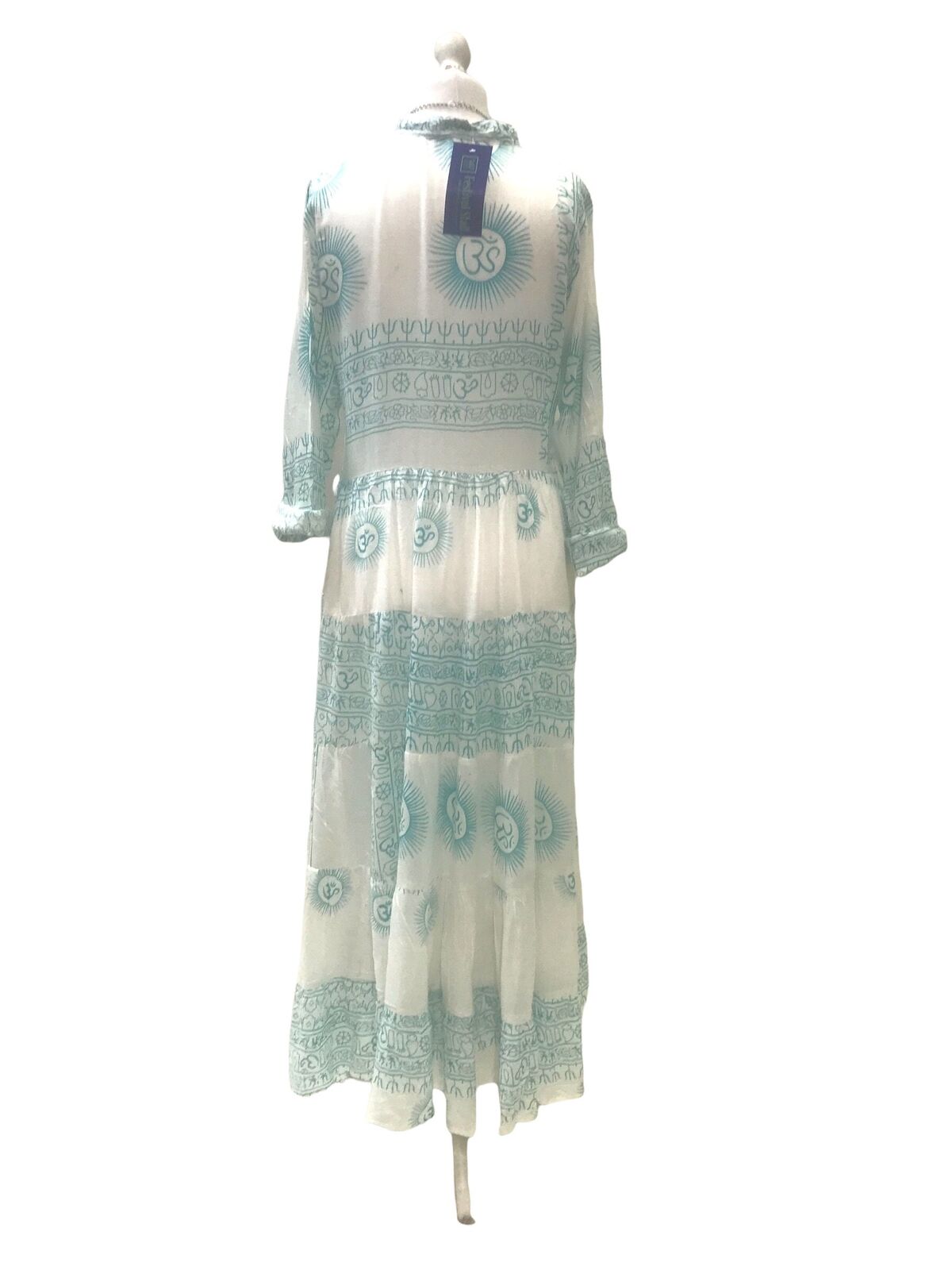 Festival Stall LTD Boho festival Clothing LONG Maxi Dress Boho hippy festival style, Om print, Yoga, Blue & White UK 8 - 14