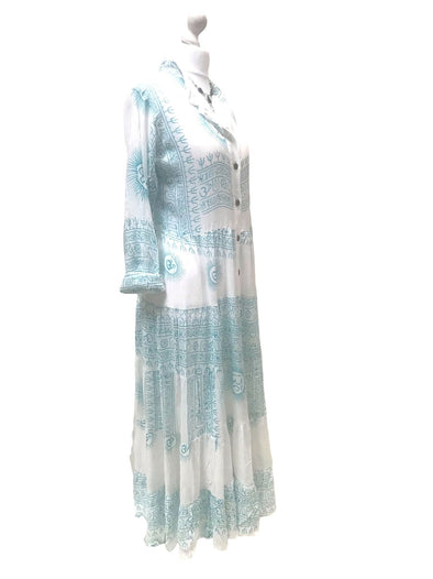 Festival Stall LTD Boho festival Clothing LONG Maxi Dress Boho hippy festival style, Om print, Yoga, Blue & White UK 8 - 14