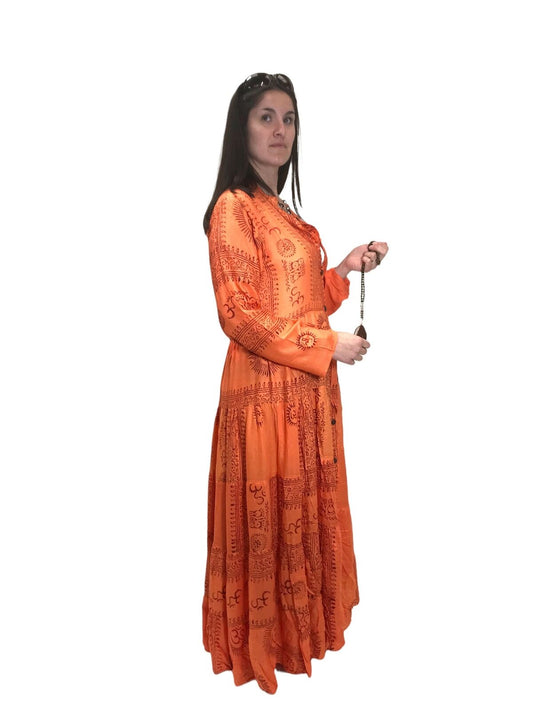 Festival Stall LTD Boho festival Clothing LONG Orange Maxi Dress Boho hippy festival style Floaty Om print Yoga UK 8 - 14