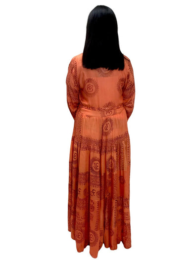 Festival Stall LTD Boho festival Clothing LONG Orange Maxi Dress Boho hippy festival style Floaty Om print Yoga UK 8 - 14