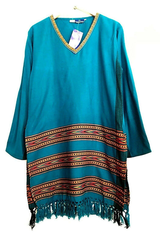 Festival Stall LTD Boho festival Clothing Tunic Turquoise BLUE Boho Hippie Festival Winter Warm tassel top long S M L