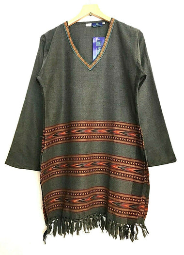 Festival Stall LTD Boho festival Clothing GREY Tunic Top V Neck Jumper sweater Hippie Boho Winter Warm long length UK 6 - 14