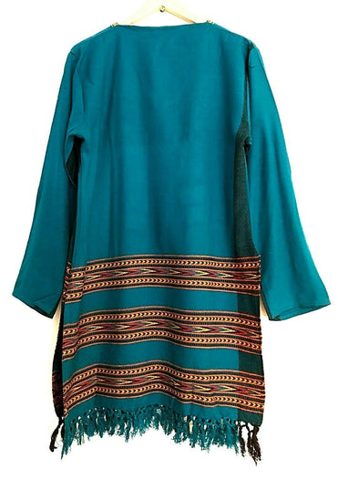 Tunic Turquoise BLUE Boho Hippie Festival Winter Warm tassel  top long S M L