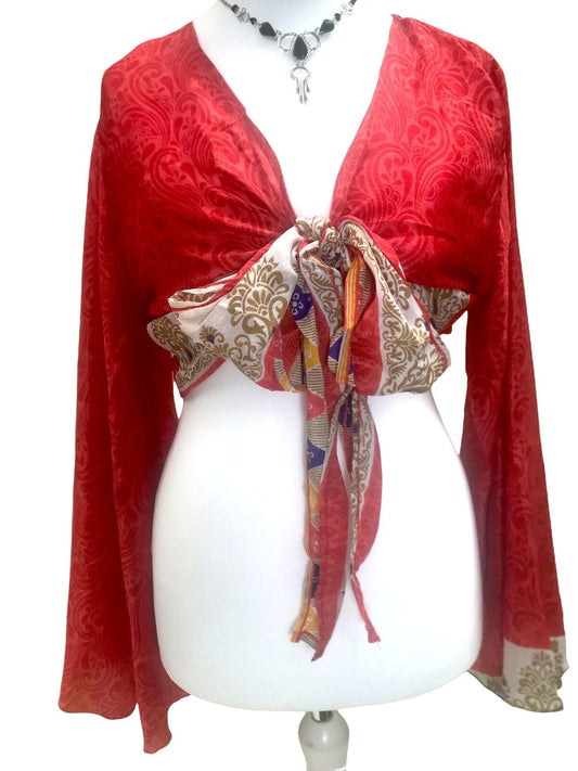 Festival Stall LTD Boho festival Clothing Boho hippy festival style, RED, retro sSari Silk, bell sleeve wrap kimono