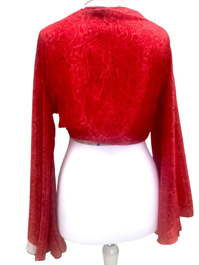 Festival Stall LTD Boho festival Clothing Boho hippy festival style, RED, retro sSari Silk, bell sleeve wrap kimono