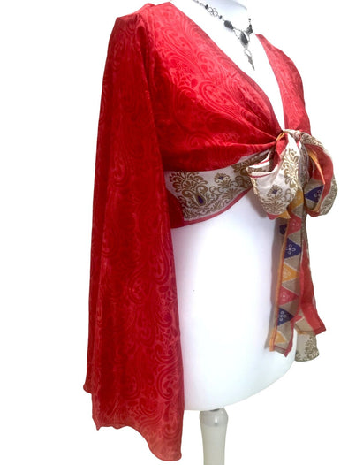 Festival Stall LTD Boho festival Clothing Boho hippy festival style, RED, retro sSari Silk, bell sleeve wrap kimono