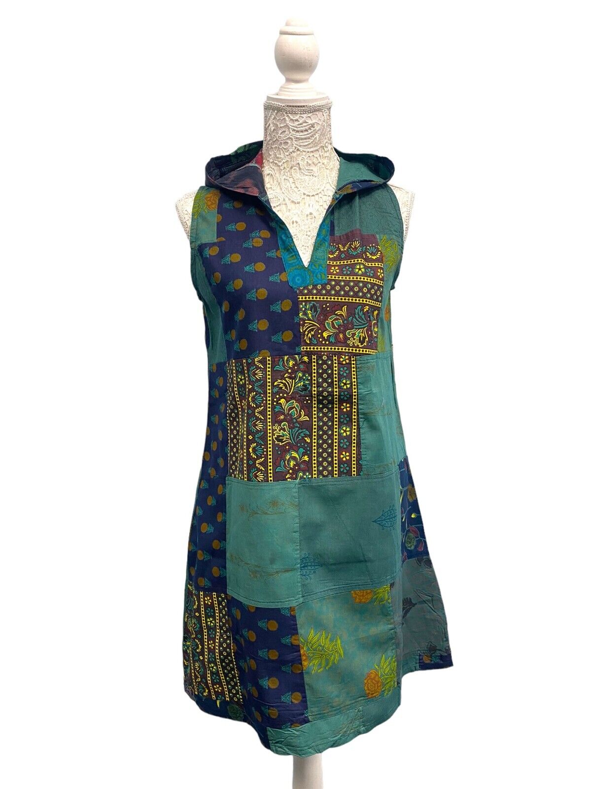 Festival Stall LTD Boho festival Clothing Short Tunic Dress GREEN patchwork Boho Pixie Festival Hippy gypsy hoodie UK 8 - 14