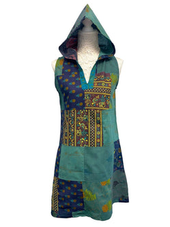 Festival Stall LTD Boho festival Clothing Short Tunic Dress GREEN patchwork Boho Pixie Festival Hippy gypsy hoodie UK 8 - 14