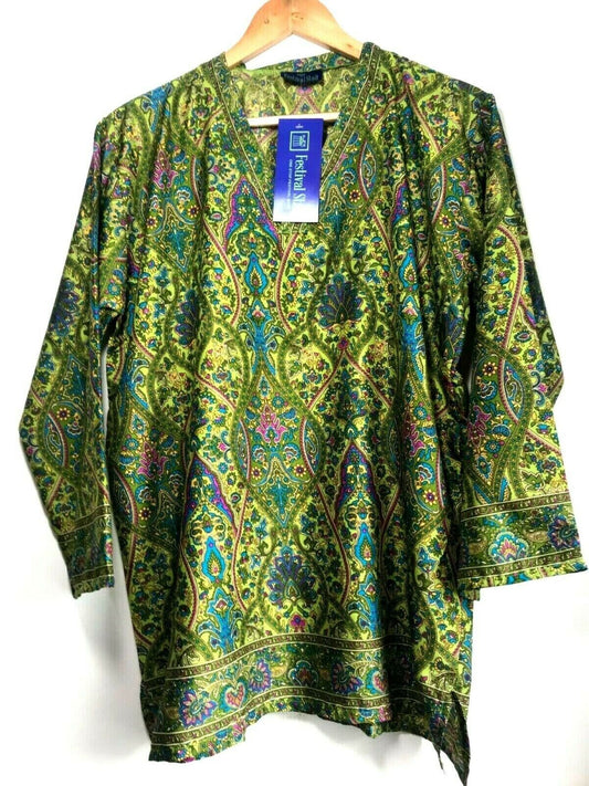 Festival Stall LTD Boho festival Clothing Tunic, Festival boho hippie, retro ethnic print, green & yellow, long sleeve,