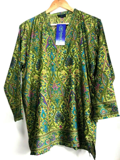 Tunic, Festival boho hippie, retro ethnic print, green & yellow, long sleeve,