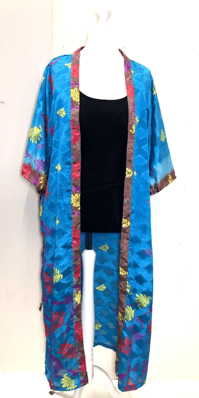 Festival Stall LTD Boho festival Clothing BLUE KIMONO Dress Robe Cover Up Boho Hippy Festival Silk Beach Summer UK 6 - 12