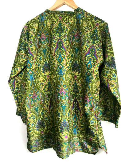 Tunic, Festival boho hippie, retro ethnic print, green & yellow, long sleeve,