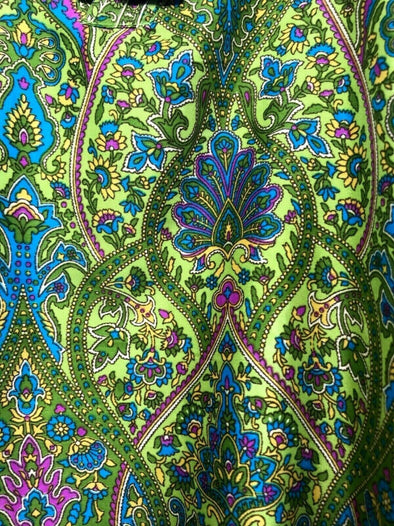 Tunic, Festival boho hippie, retro ethnic print, green & yellow, long sleeve,