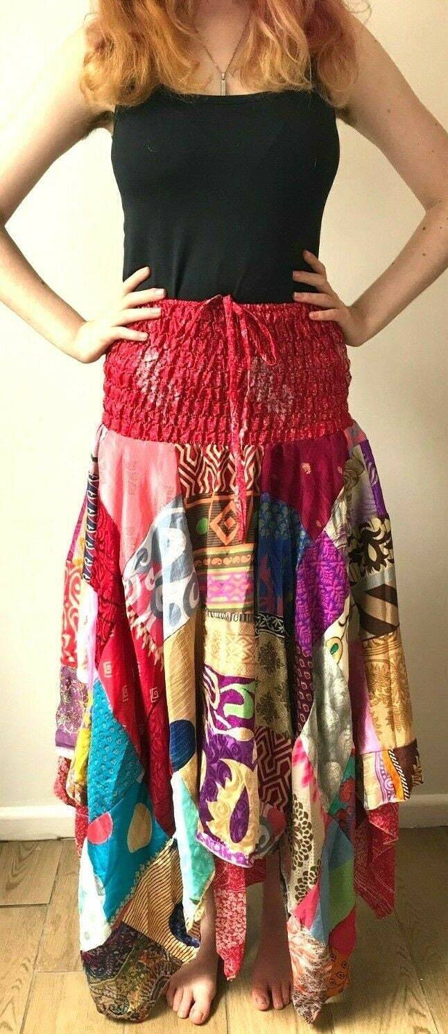 Patchwork long Skirt dress Festival Boho Hippie pixie gypsy summer sun ONE SIZE