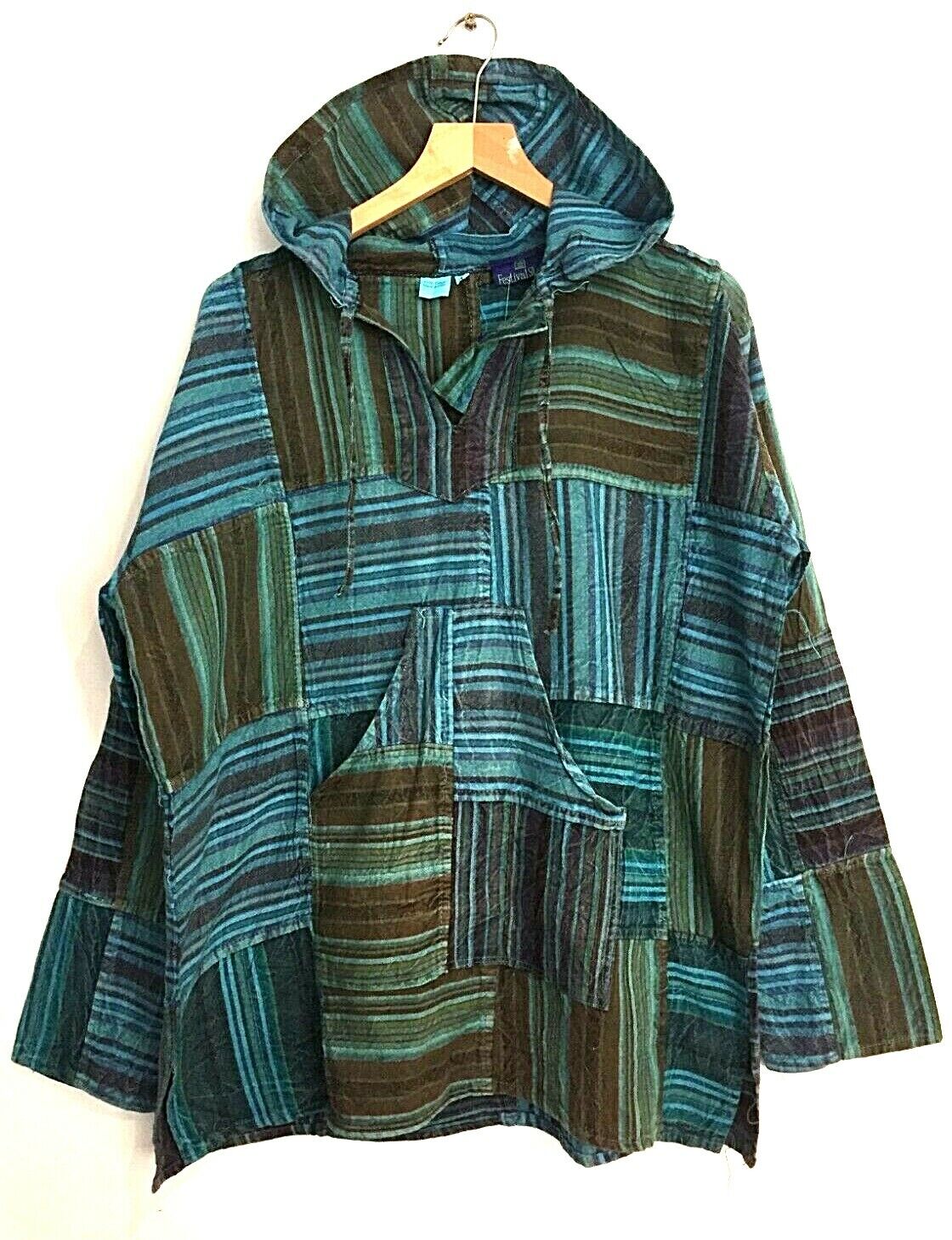 Patchwork Cotton Casual HOODIE jumper tunic Hippie Boho Kurta Shirt Top XL BLUE