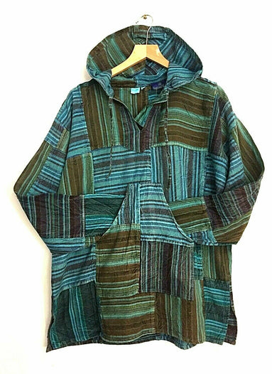 Patchwork Cotton Casual HOODIE jumper tunic Hippie Boho Kurta Shirt Top XL BLUE