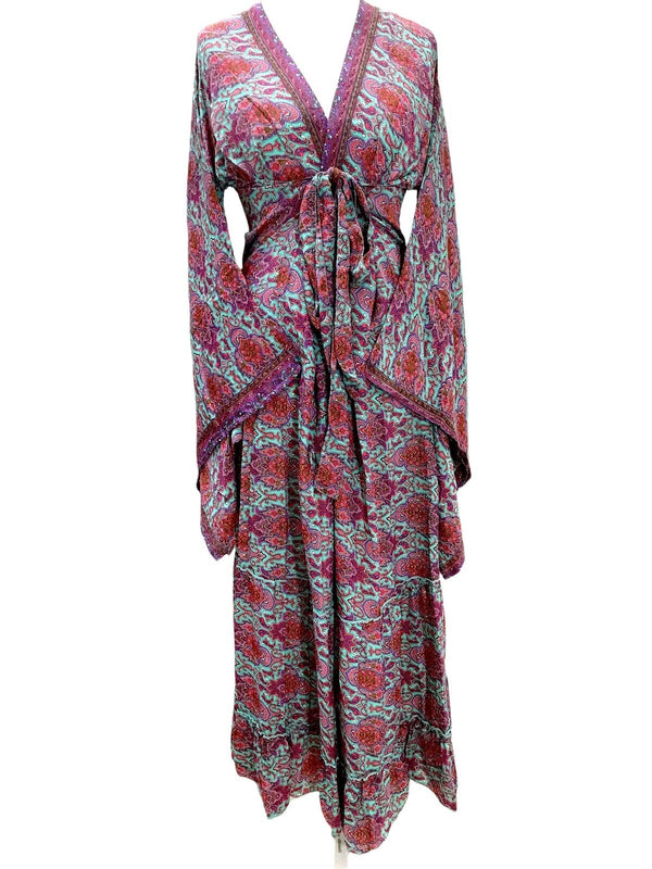 Festival Stall LTD Boho festival Clothing Boho hippy floral silk kimono wrap beach cover up kaftan dress uk 8 10 12 14 16