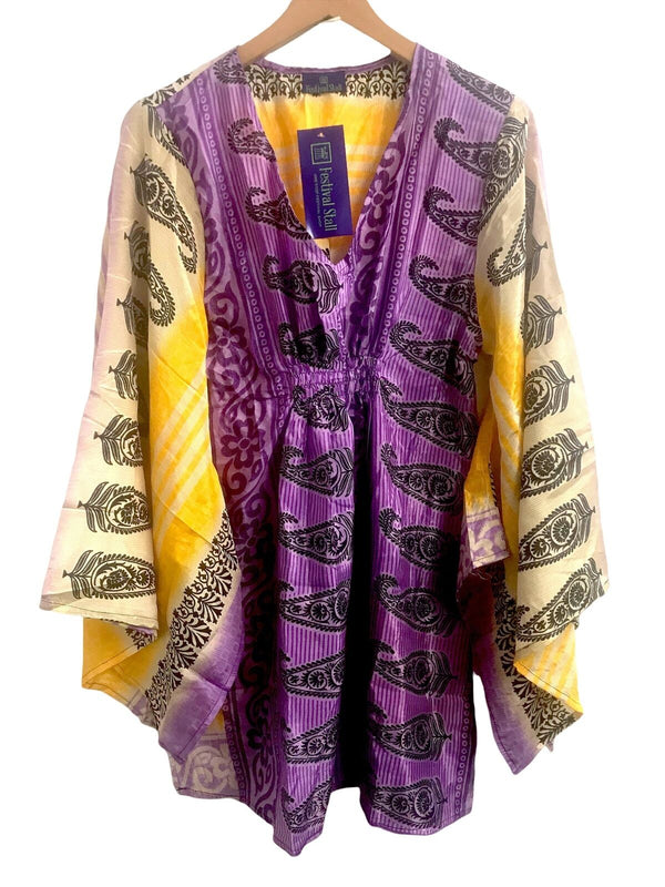 Festival Stall LTD Boho festival Clothing Boho hippy festival style, PURPLE sari silk, Kaftan tunic top, blouse, beach