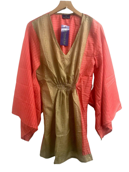 Festival Stall LTD Boho festival Clothing Boho hippy festival style, ORANGE sari silk, Kaftan tunic top, blouse, beach