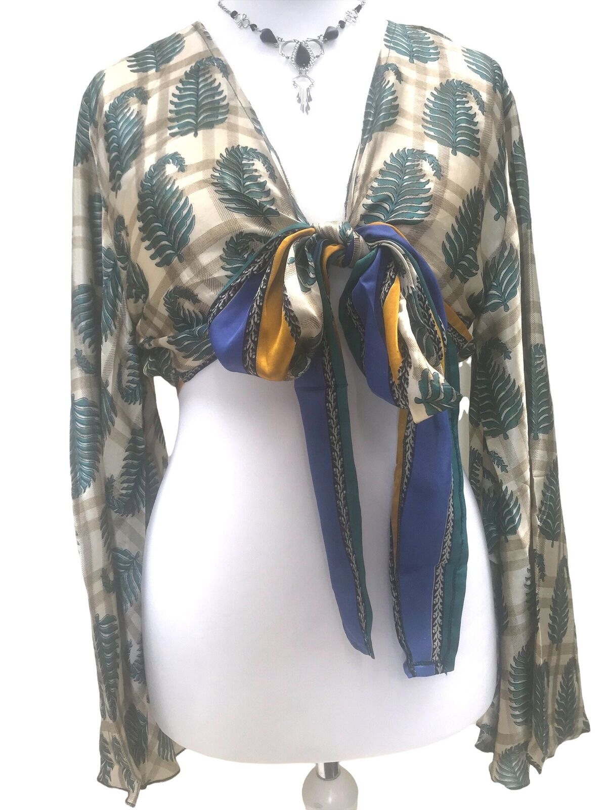 Festival Stall LTD Boho festival Clothing Boho hippy festival style, BLUE, retro Sari Silk, bell sleeve wrap kimono