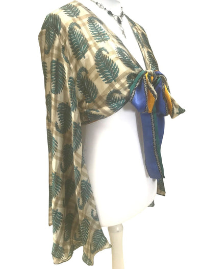 Festival Stall LTD Boho festival Clothing Boho hippy festival style, BLUE, retro Sari Silk, bell sleeve wrap kimono