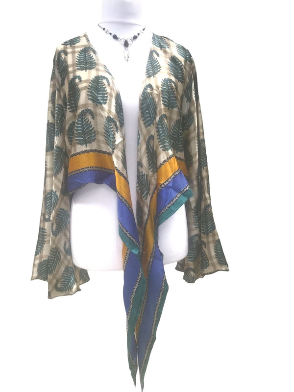 Festival Stall LTD Boho festival Clothing Boho hippy festival style, BLUE, retro Sari Silk, bell sleeve wrap kimono